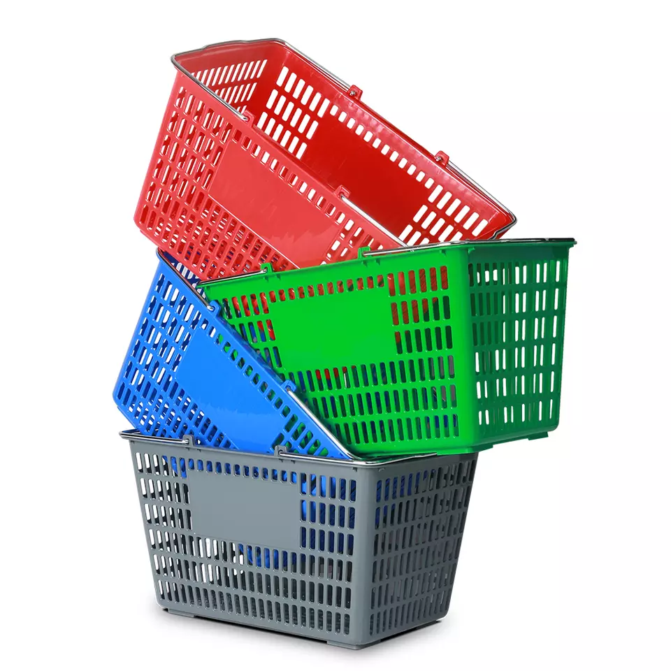 Retail Store Supermarket Plastic Rolling Shopping Basket with Two Wheels
